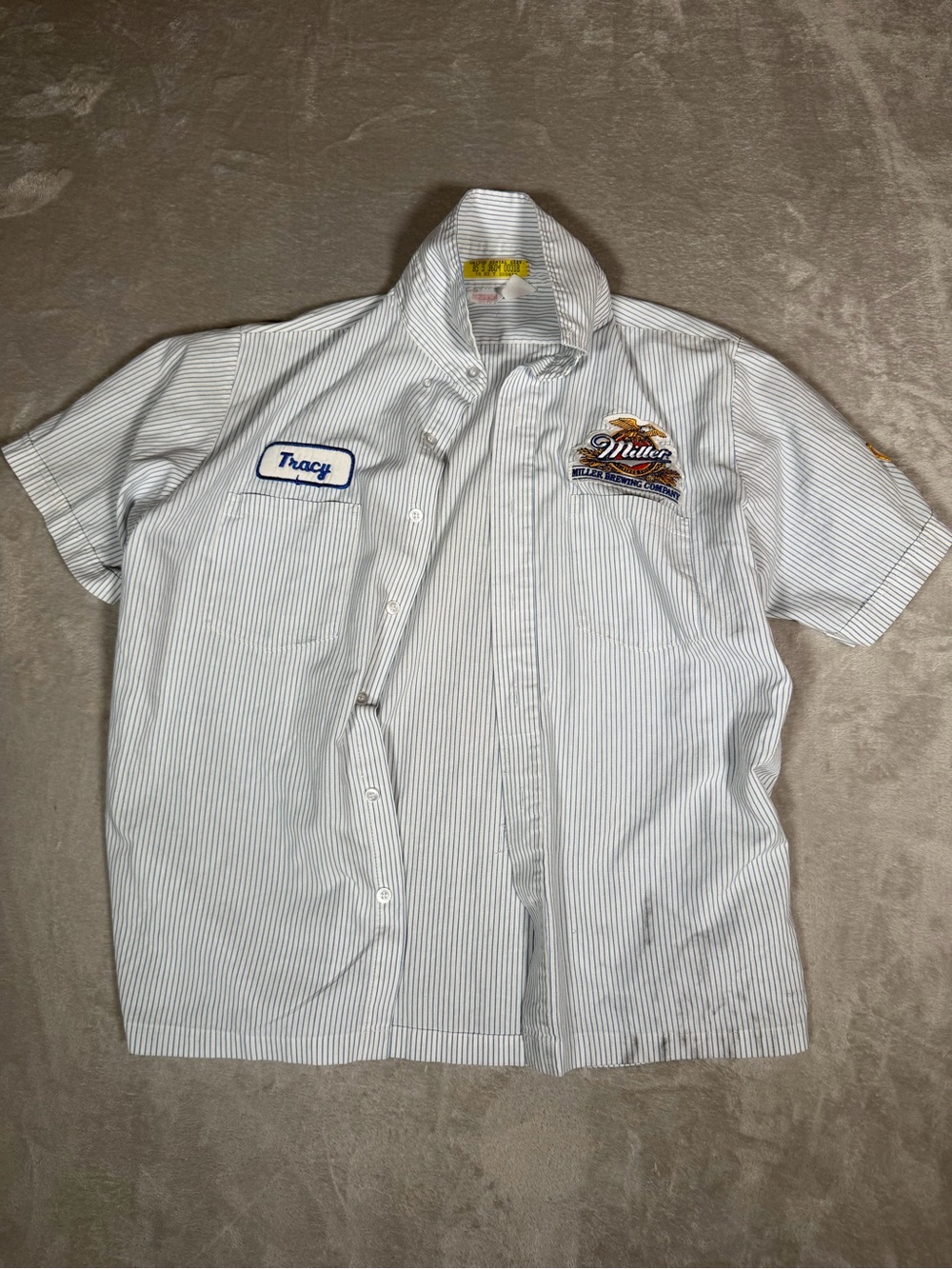 Men's Short-Sleeve Work Shirt - White with Blue Pinstripes (Miller Patch)